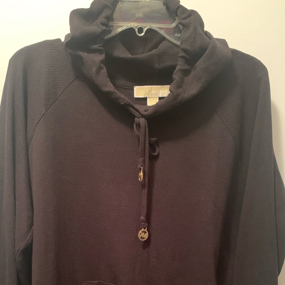 Michael Kors Men's Black Waffle Knit Sweater with Hood and Gold logo details